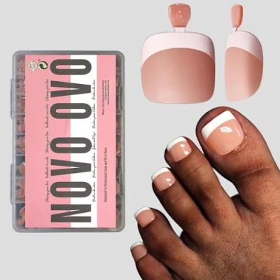 Image of NOVO OVO Fake Toe Nail Tips Press on, French Tip Soft Gel Toenail Extension, ORANGE PINK Square Round Pre applied Primer &amp; Base Coat, Full Cover Matte False Nails for DIY x 15 Sizes 360Pcs
