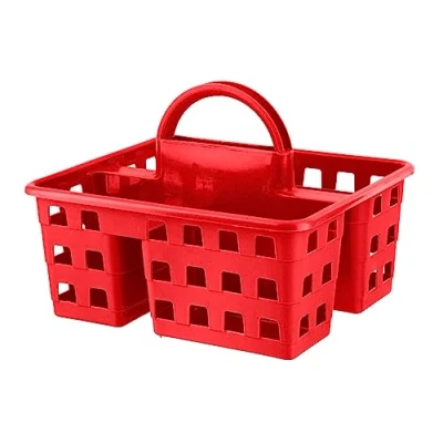 Image of HOMESHOPA Utility Plastic Shower Caddy Basket Organiser with 3 Compartment &amp; Handle, Portable Kitchen Cleaning Supply Handy Storage Tidy Tote Tray Carry Bucket for Bathroom, Kitchen, Dorm Room (Red)