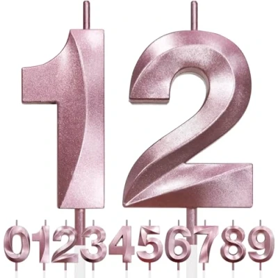 Image of 12th Birthday Candle, 3D Design Rose Gold Glitter Number Candles, Cake Topper Decorations, Candle for Party, Wedding Anniversary, Baby Shower, Party Decoration (Pink Gold)
