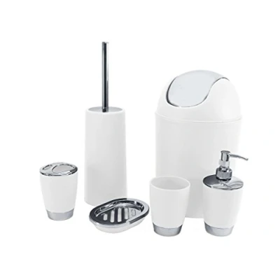 Image of BATHROOM SET 6 PIECE ACCESSORY BIN SOAP DISH DISPENSER TUMBLER TOOTHBRUSH HOLDER (WHITE)