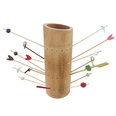Image of BambooMN 9.84&quot; Bamboo Food Display Stand Angle Cut Tube Skewers w/72 Holes Carbonized Brown 1 Piece