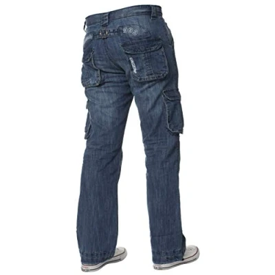 Image of New ENZO Mens Designer Cargo Combat Blue Coated Denim Jeans Pants All Waist Size Midstone Wash 32 W X 34L
