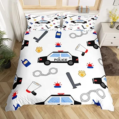 Image of Police Car Duvet Cover Set Policeman Vehicle Comforter Automobile White Bedding Cartoon Pattern Bedspread for Kids Boys Girls Single Size With 1 Pillow Case
