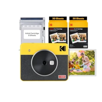 Image of KODAK Mini Shot 3 Retro 4PASS 2 in 1 Instant Camera and Portable Photo Printer (7.6 x 7.6 cm) plus Package with 68 Sheets, Yellow