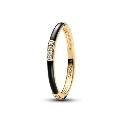 Image of PANDORA 163686C01 Women&#039;s Ring Black Enamel and Gold Stones, 54/17,2, Sterling Silver, Cubic Zirconia