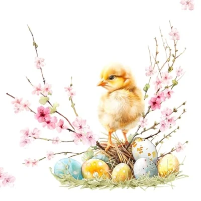 Image of 20 Napkins Easter Chicks on Flowers Eggs as Table Decoration Paper with Motif Also for Decoupage and 33 x cm