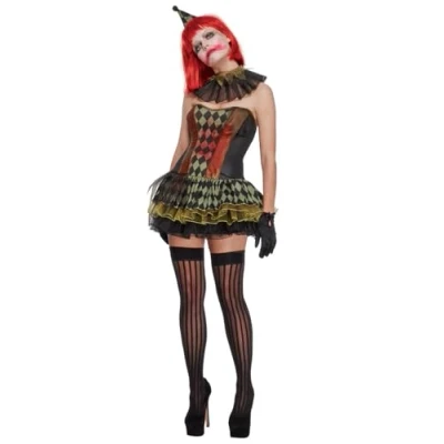 Image of Smiffys Fever Creepy Zombie Clown, Black with Tutu Dress, Hat and Collar, Fancy Clown Dress Up Costumes