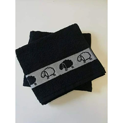 Image of Sue Rossi Ltd 100% Cotton Tea Towels Waffle Embroidered Animal Cooks Cloth Luxury 3 Pack Kitchen Towel Set (Black Sheep)