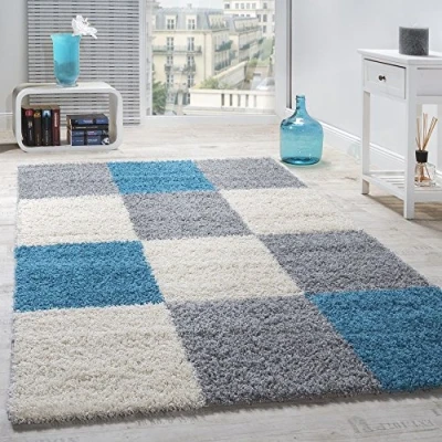Image of Paco Home Shaggy Rug Modern High Pile Checked Pattern Rugs Turquoise Grey White, Size:160x220 cm