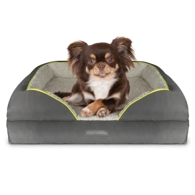 Image of Dreamcatcher Grey Small Dog Bed 71x58x16cm, Orthopaedic Memory Foam Beds Base, Shredded Bolster with Sherpa Fleece Top. Waterproof Sides, Non Slip Base and Removable Washable Cover