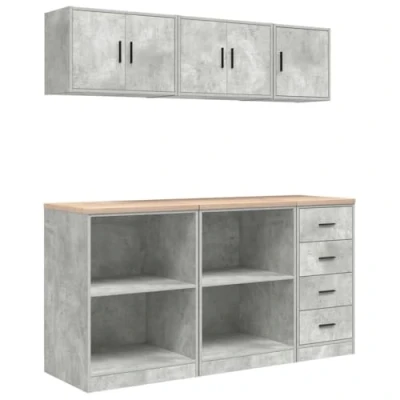 Image of vidaXL Garage Cabinets 6pc Set Concrete Grey Engineered Wood Storage for Tools/Workshops/Offices Solid Pinewood Worktop Flexible Door Installation