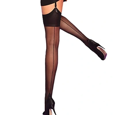 Image of Yummy Bee Silky Stockings for Suspenders Seamed Sheer Back Seam Cuban Heel Lingerie Plus Size Black M
