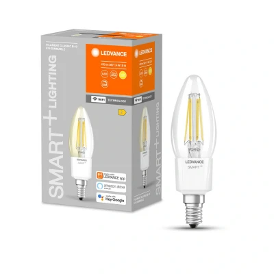 Image of LEDVANCE Smart LED bulb with Wifi technology, E14, Dimmable, Warm white (2700K), Candle shape, Clear filament, Replacement for conventional 40W bulbs, Controllable Alexa, Google &amp; App, 1 pack