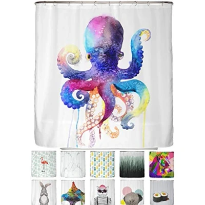 Image of arteneur® Watercolor Octopus Shower Curtain 180 x 200cm Mould Resistant Fabric, Weighted Hem, Opaque, Waterproof, Washable incl. 12 hooks