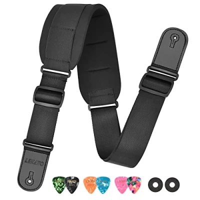 Image of LEKATO 3.3&quot; Wide Guitar Strap, Soft Bass Strap with Thick Sponge Padded Shoulder, Adjustable Length from 42 inch to 58 inch, 6 Picks &amp; 2 Locks, for Bass/Heavy Electric/Acoustic Guitars