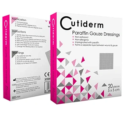Image of Pack of 20 Cutiderm Sterile Paraffin Gauze Dressing 5cm x Suitable for Superficial and Partial Thickness Burns, Skin Loss Wounds, abrasions Traumatic Injuries