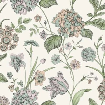 Image of SOPHIE LAURENCE Hydrangea Garden Flowers Cream, Multi Coloured Floral Wallpaper for Bedroom, Living Room Decor, Washable Wall Paper Paste, 10m Roll Interior Design
