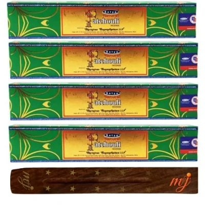 Image of Original Satya Nag Champa Natural Patchouli incense sticks with M&amp;J holder x4 pack for Aromatherapy, Spa, Yoga, Weddings, Meditation, Healing, Positivity and Relaxation