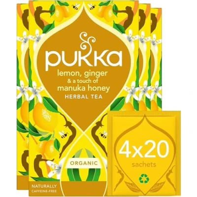 Image of Pukka Herbs Organic Lemon, Ginger &amp; Manuka Honey Herbal Tea Box Immune Boosting Infusion With Turmeric Ideal For Daily Support Caffeine Free 4 Packs 80 Plant Based Biodegradable Bags