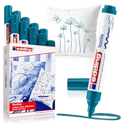 Image of edding 4500 textile marker orient blue 1 pen round nib 2 3 mm permanent fabric markers for drawing on textiles, wash resistant up to 60 C pens lettering