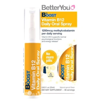 Image of BetterYou Boost Vitamin B12 Daily Oral Spray, Pill free Supplement for Energy Boost, 48 day Supply, Made in the UK, Natural Apricot Flavour, 25 ml (Pack of 1)