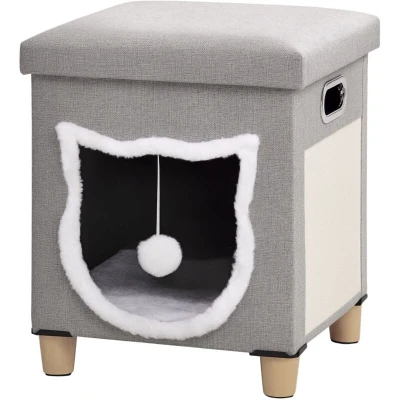 Image of PawHut 2 in 1 Cat Bed Ottoman, Comfortable Sleeping Cave House w/Cushion