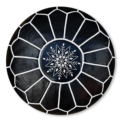 Image of Moroccan Leather Pouffe Handmade Delivered stuffed Ottoman, footstool, floor cushion (Black)