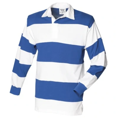 Image of Front Row Sewn Stripe Long Sleeve Sports Rugby Polo Shirt (L) (White &amp; Royal collar))