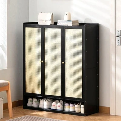 Image of Pounjsd Bamboo Shoe Storage Cabinet,8 Tier Freestanding Cabinet with Doors, 3 Door Entryway Wooden Rack, Rattan for Entryway, Hallway, livingroom and Closet Black