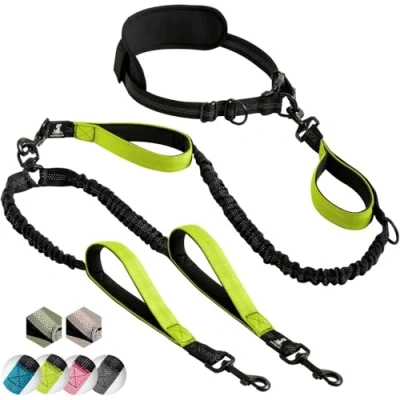 Image of SparklyPets Hands Free Double Dog Lead Splitter Dual For Medium and Large Dogs 2 with Padded Handles, Reflective Stitches, No Pull, Tangle (Green, Dogs)