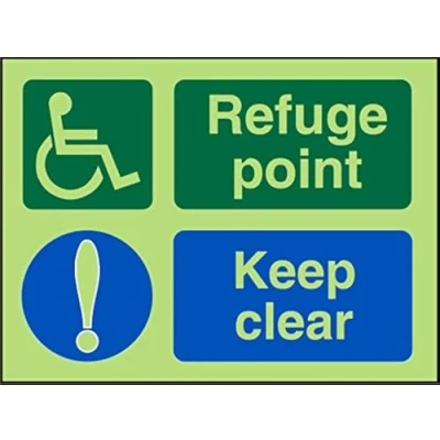 Image of Seco DDA Fire Exit Wheel Chair, Refuge Point, Exclamation Mark, Keep Clear Sign, 200mm x 150mm Photoluminescent 2mm Prestige Acrylic