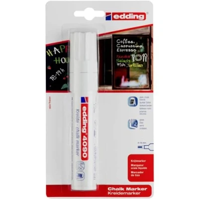 Image of edding 4090 chalk marker white 1 pen chisel nib 4 15 mm broad wet wipe for chalkboards, windows, glass, mirrors liquid pens opaque coverage