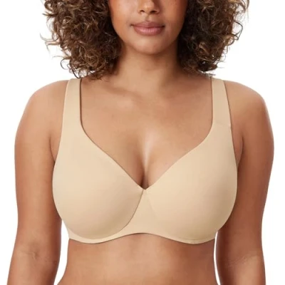 Image of Delimira Women&#039;s Minimiser Bra Plus Size Non Padded Underwired Seamless Comfort Bras Light Oatmeal 34D