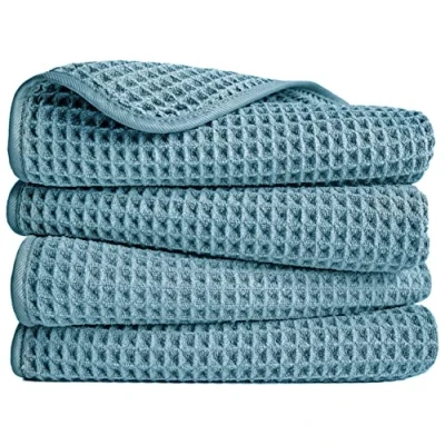 Image of POLYTE Microfibre Lint Free Hand Towel, 40 x 76 cm, 4 Pack (Green, Waffle Weave)