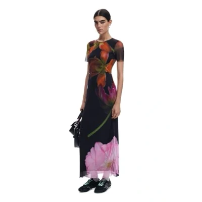 Image of Desigual Roterdam Long Fitted Floral Tulle Dress 25SWVK12 Black