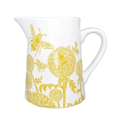 Image of Half Moon Bay Clover Flower Blooms and Bumble Bees by Kate Heiss Yellow/White 16 Ounce (500ml) Ceramic Stoneware Jug Pitcher