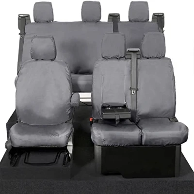 Image of UK Custom Covers To Fit Ford Transit (2013 2023) Tailored Heavy Duty waterproof Front &amp; Rear Seat (6 Seater WITH Pull Down Tray) Grey SC102G SC131G