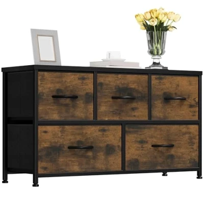 Image of YITAHOME Chest of Drawer With 5 Drawers for Bedroom Fabric Dresser Storage Handles Metal Frame Living Room, Hallway, Nursery, Rustic Brown