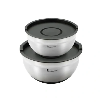 Image of MasterPRO Foodies Collection Set of 4 Stainless Steel Mixing Bowls with Lid Measuring Scale Non Slip Base Durable and Stylish