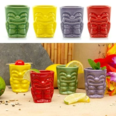 Image of CKB LTD Ceramic Tiki Bar Shot Glasses 50ml Pack of 4 Drinking Shooters Novelty Small Spirit Tumblers Ideal for Hawaiian Party Coloured