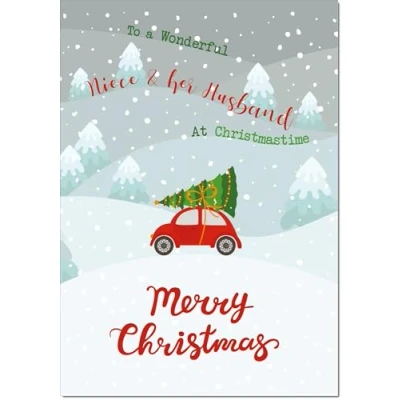 Image of doodlecards Niece and Husband Christmas Card Tree on Car Medium Size for &amp; with Plain Envelope