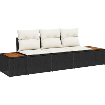 Image of vidaXL 3 Piece Garden Sofa Set with Cushions Black Poly Rattan Acacia