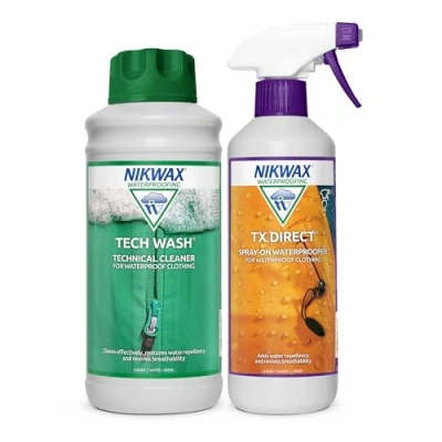 Image of Nikwax TECH WASH IN Cleaner 1L + TX.DIRECT WATERPROOF SPRAY 500ml, Cleans Effectively, Restores Water Repellency and Revives Breathability of Wet Weather Clothing. Waterproofing Protector