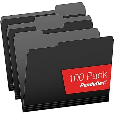 Image of Pendaflex File Folders Letter Size 1/3 Cut Tab Interior for Documents Black 100 Per Box
