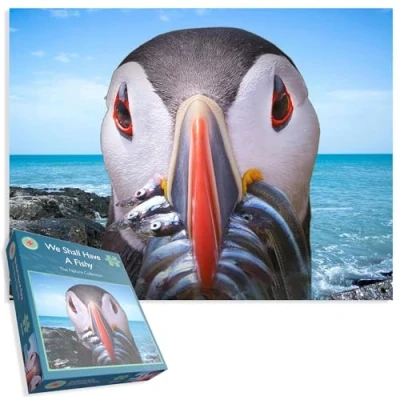 Image of 1000 Piece Jigsaw Puzzle: A Puffin&#039;s Seaside Delight on the Rocky Shore Size 66cm X 50cm