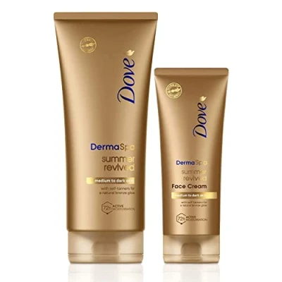 Image of Dove Unilever DermaSpa Body Lotion Summer Revived Self Tanning Medium to Dark, 200ml with Derma Spa Face Cream, 75ml, 2 Piece Set
