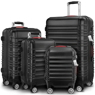 Image of MONZANA® 4Pc Travel Suitcase Set with Organiser, Scale &amp; Strap Lightweight ABS Hard Shell Luggage 4 Spinner Twin Wheels Scratch Resistant Lockable Cabin Trolley Cases S M L XL Black