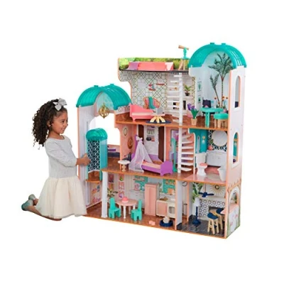 Image of KidKraft Camila Wooden Dolls House with Furniture and Accessories Included, 3 Storey Play Set Cat, Lift Pool for 12 Inch/30 cm Dolls, Kids&#039; Toys, 65986 Amazon Exclusive