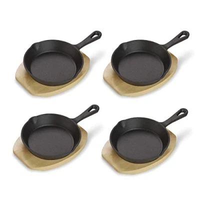 Image of ECHTWERK Cast Iron Serving Pan Set, Mini with Board, Small Grill Pan, Pre Seasoned, Suitable for Ovens, and BBQ, 4 Piece