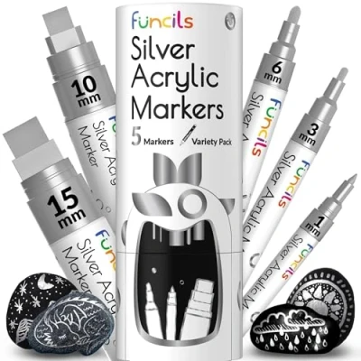 Image of Funcils 5 Acrylic Silver Paint Pen Marker Metallic Pens for Fabric, Wood, Canvas, Leaf, Metal, Glass Fine Tip, Thin Point &amp; Jumbo (1mm, 3mm, 6mm, 10mm, 15mm)
